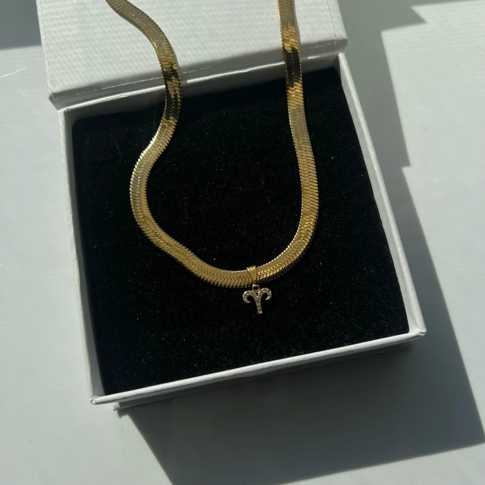 Elegant Gold Zodiac Herringbone Snake Necklace with CZ Aries Pendant Charm